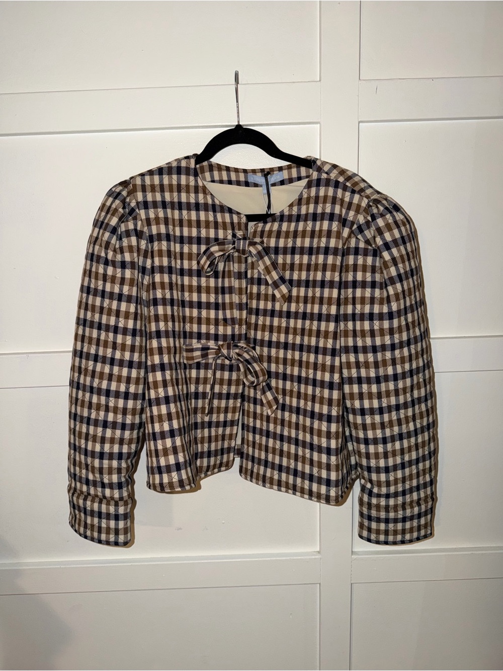 Plaid Tie-Front Cropped Jacket in Brown and Cream